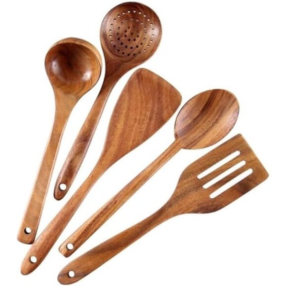 Natural Teak Wood 6Pcs Utensils Set Holder Non-stick wooden utensils durable - Picture 4 of 10